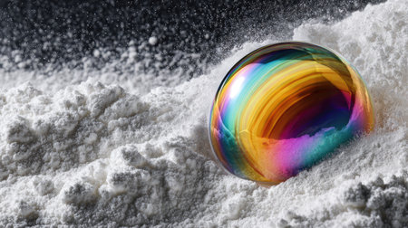 A close-up captures a vibrant soap bubble, showcasing a spectrum of colors. The bubble sits on a textured, white surface, possibly powder. The composition utilizes a shallow depth of field, with soft lighting and neutral tones. Suitable for various creative and illustrative applications.の素材