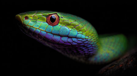 A striking close-up showcases a snake with vivid green and blue scales, contrasted against a deep black backdrop. The image emphasizes the reptile's head, highlighting its intricate patterns and red eye. The lighting accentuates texture, suggesting a studio setting suitable for various commercial or artistic applications.の素材