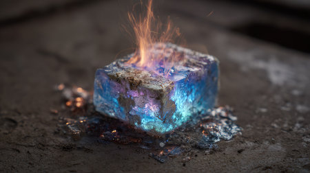 A close-up view depicts a cube engulfed in flames, showcasing vibrant colors of blue, purple, and orange. The object rests on a dark, textured surface, hinting at an outdoor or industrial setting. The image's lighting emphasizes the fire's glow. Suitable for conceptual designs or illustrative projects.の素材