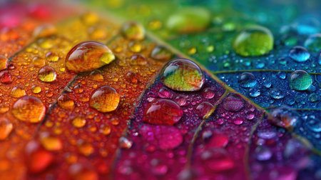 This image showcases a vibrant close-up of a leaf, with a spectrum of colors. The leaf is covered with water droplets, creating a sense of freshness and detail. The composition focuses on texture and color gradients. This image could be used for various purposes, including editorial content or promotional materials.の素材