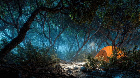 An illuminated orange tent is nestled within a dense forest. The scene is bathed in cool blue tones with hints of green, suggesting a nighttime environment. The composition features lush foliage and textured trees. This image could be used for illustrating camping, adventure, or outdoor recreation.の素材