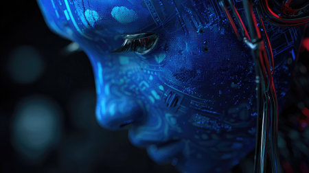 A close-up view depicts a blue android face, highlighting intricate digital patterns across its surface. The image showcases advanced technology and design, featuring metallic elements and a dark background. This visual could be utilized for various commercial purposes, including science fiction, technology-related themes, or visual concepts.の素材