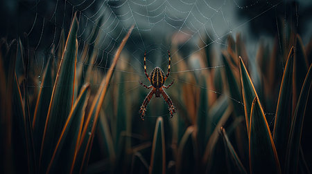 An image displays a spider centered on a web, set against a backdrop of blurred greenery. The composition features sharp focus on the arachnid and web, complemented by soft focus on the surrounding tall grass. The overall effect is a naturalistic, outdoor scene suitable for various design applications.の素材