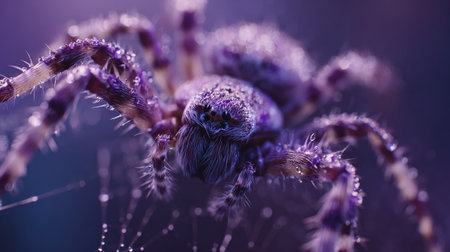 This image showcases a detailed view of a spider with a textured body and legs. The spider is positioned on a web, and the shot is bathed in blue and purple hues. The composition suggests an outdoor setting, possibly during the day. The image is suitable for various commercial uses, including editorial and design projects.の素材