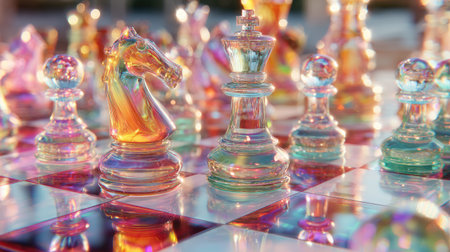 A vibrant glass chess set is displayed on a checkerboard, showcasing a multitude of colors and refractions. The composition features a shallow depth of field, emphasizing the intricate details and transparent qualities of the pieces. This image, bathed in artistic lighting, could be suitable for various creative projects.の素材