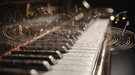 A detailed perspective of a piano keyboard is presented, with focus on the keys. Musical notes appear to be emanating from the keys creating a visual representation of music. The composition features a shallow depth of field, golden color tones, and soft lighting. Suitable for artistic concepts and editorial themes.の素材