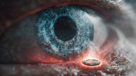 A detailed close-up shows a human eye with digitally enhanced elements. The iris features blue and cyan hues, while red and orange lighting adds contrast. The image uses a shallow depth of field, implying an indoor setting. It's suitable for various technology, medical, and scientific applications.の素材