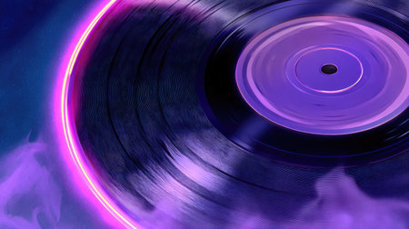 This image showcases a close-up view of a vinyl record in motion, enhanced by a vibrant neon circle and vapor effect. The composition highlights the record's grooves and center label, set against a dark background. The scene incorporates purple and blue hues, creating a visually appealing and dynamic look, suitable for editorial and commercial applications.の素材