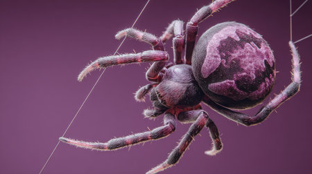 A detailed image showcases a spider with complex patterns, poised on a web strand. The creature exhibits a combination of dark and light hues, set against a soft, uniform purple backdrop. The lighting highlights the spider's texture and form, creating a visually striking composition. Suitable for various design and illustrative purposes.の素材