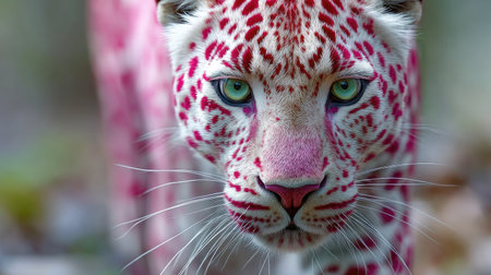 This image features a pink leopard with distinctive red spots and piercing green eyes. The animal's close proximity offers detailed views of its fur texture and facial features. The composition uses natural lighting and a shallow depth of field, implying an outdoor setting. Suitable for various creative and commercial applications.の素材