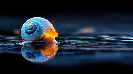 A close-up shot captures a colorful snail shell resting on water. The shell exhibits a blue and orange color palette with a smooth texture. The composition emphasizes the shell's detailed spiral pattern. The image, set against a dark backdrop, is suitable for various commercial uses, including artistic designs.の素材