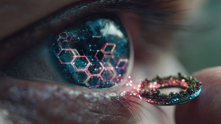 This image showcases a close-up of a human eye with an advanced technological lens. The iris displays intricate hexagonal patterns illuminated with blue and pink hues. The composition highlights futuristic concepts with focused lighting and shallow depth of field, suitable for various editorial and commercial applications.の素材