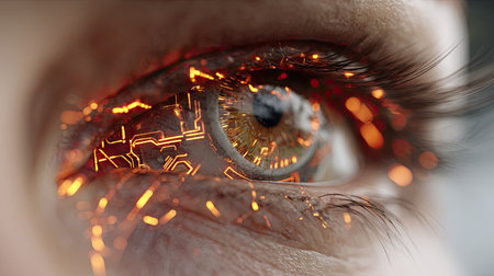 This image showcases a close-up of a human eye with intricate digital circuit patterns overlaid. The eye features detailed textures and reflections, with warm orange and gold hues. The composition uses shallow depth of field, set against a blurred background. Suitable for conceptual illustrations, technology articles, or futuristic design projects.の素材