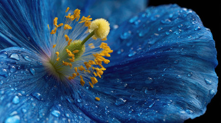 A striking close-up showcases a bright blue flower, its petals adorned with glistening water droplets. The image highlights the flower's intricate details, from the delicate stamens to the textured petals, against a stark black backdrop. This composition, with its high contrast, is suitable for various editorial and commercial applications.の素材