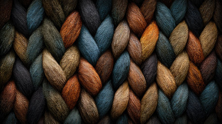 This image showcases a close-up of a woven fabric with a repeating pattern. The textile exhibits a rich palette of colors, including shades of brown, blue, and green. The texture appears to be coarse, with visible strands. Ideal for various projects, it can be used for design elements and backgrounds.の素材