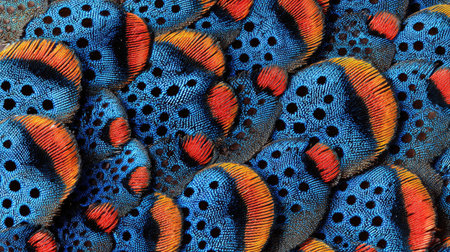 This close-up showcases a collection of colorful feathers, primarily blue with orange accents. Each feather exhibits intricate patterns and textures, highlighted by the lighting. The composition suggests a macro shot emphasizing detail. Suitable for various creative and commercial applications, the image is well-suited to represent natural textures.の素材