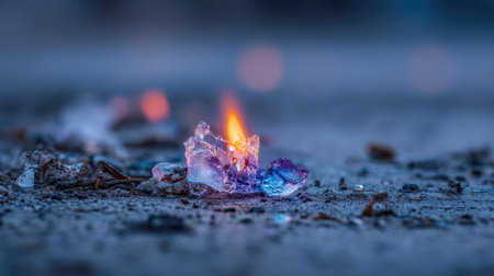 This image presents a detailed view of an object engulfed in flames, showcasing a vibrant display of orange and blue hues. The composition emphasizes textures and details. This visual may be used for various commercial or editorial applications such as illustrating concepts of energy or transformation.の素材