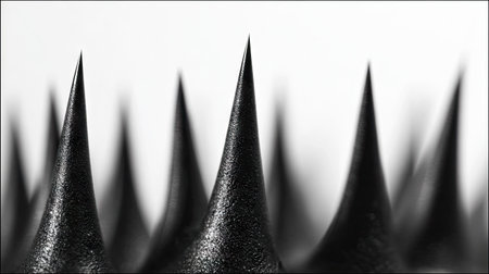 This image presents a close-up view of multiple black spikes arranged in a pattern, set against a stark white backdrop. The composition highlights the textured surface and pointed tips of the spikes, emphasizing their shape. Suitable for various applications, including design, conceptual projects, and illustrating concepts.の素材