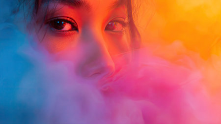 This studio shot presents a close-up of a person partially obscured by vibrant, multicolored smoke. The image features a bright, warm palette with hues of pink, orange, and blue, creating an ethereal and dynamic composition. This imagery is suitable for various commercial and editorial projects.の素材