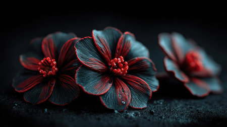 This image presents a close-up of several flowers. The flowers showcase a striking contrast with red petals and blueish accents, arranged against a dark background. The composition highlights textures and details, while the lighting adds depth. Ideal for various creative projects, including editorial content and design.の素材