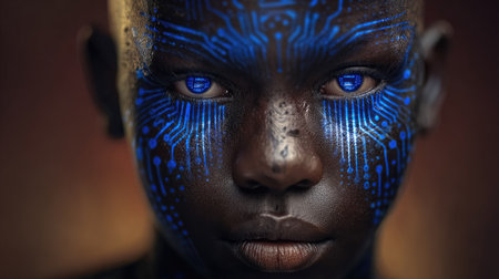 This image features a close-up portrait of a person with dark skin and a prominent blue circuit board design across their face. The striking blue pattern contrasts with the dark skin, the eyes also have a blue glow. This artistic representation could be suitable for various commercial and creative projects.の素材
