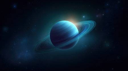 An illustration depicts a planet with rings set against a dark background, evoking a sense of cosmic vastness. The planet features a vibrant blue hue, with glowing rings and particles that add depth. This visual style could be employed in educational material or as a background graphic for various digital projects.の素材