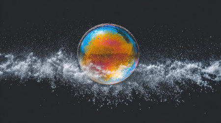 A vibrant sphere at the center explodes, releasing a spray of water droplets. The image features a dark background, contrasting the colorful sphere. The composition utilizes dynamic elements, possibly suitable for conceptual designs, illustrating themes like change or creation, and for commercial applications.の素材