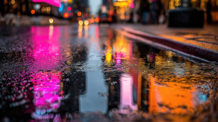 The image showcases a vibrant nighttime scene with reflections on a wet street. Neon lights and city structures are mirrored on the ground. The composition features a shallow depth of field, with a focus on colorful reflections. It would be suitable for various commercial or editorial applications.の素材