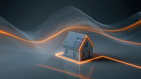A small house with solar panels is depicted, accented by glowing lines representing energy flow. The image features a modern, clean design with a cool color palette and bright orange accents. The composition suggests an environmental context, offering potential use in design, marketing, or educational materials.の素材