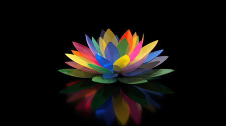 A vibrant lotus flower composed of layered, multicolored petals is depicted against a stark black background. The flower's reflection mirrors its vivid hues, suggesting a tranquil environment. This image could be used for various commercial projects requiring a clean, artistic, or symbolic visual element.の素材