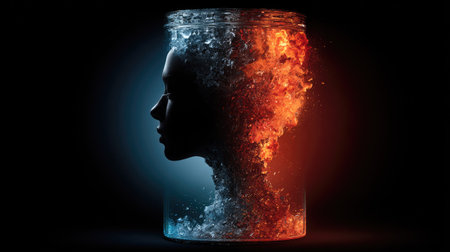 This striking image presents a human silhouette divided, with fire and ice visually representing internal conflict. The artwork uses a dark background to highlight the central form. It's composed with a balance of warm and cool tones, and textures. The image could be used for various purposes including editorial and commercial design.の素材