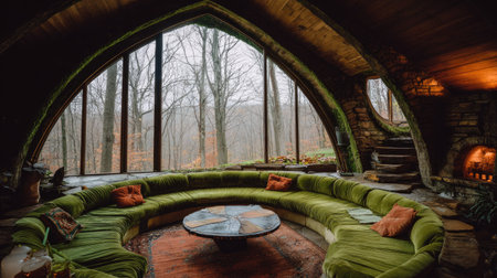 An inviting interior showcases a large, curved green sofa centered around a circular table. A massive arched window frames a view of a wooded area. The space incorporates rustic elements with visible wooden beams and a stone fireplace, creating a warm, secluded atmosphere, suitable for various editorial and commercial applications.の素材