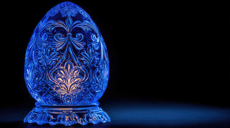 A detailed image presents a blue glass egg with a delicate floral pattern, illuminated from within. The composition emphasizes the egg against a dark backdrop, highlighting its texture and design. The lighting suggests an indoor setting, and the image could be useful for various commercial applications, including decorative themes.の素材