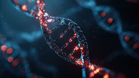 A close-up illustration depicts a DNA strand with intricate details. The double helix structure, highlighted with glowing orange and blue hues, dominates the frame. The image emphasizes the complexity of genetic structures, with blurred bokeh elements in the background. Suitable for educational and scientific publications.の素材
