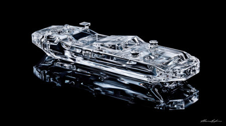 A transparent crystal boat sculpture is displayed against a stark black backdrop. The composition features a strong reflection, emphasizing its detailed form. The lighting highlights the object's facets and polished surfaces. The image is suitable for various commercial uses, including product promotion and artistic representation.の素材