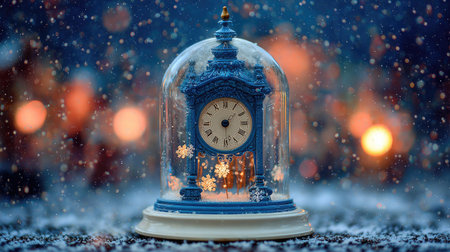 A close-up view presents a decorative blue clock encased in a glass snow globe. The scene is set in a softly lit, blurred background with bokeh effects. The image shows falling snowflakes, and small lights adding warmth. Suitable for use in festive seasonal themes and design projects.の素材