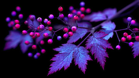 A close-up shot features a delicate plant with small, colorful berries and intricately shaped leaves. The dominant color is purple, creating a striking visual contrast against a dark backdrop. The composition highlights the plant's textures and details. Suitable for various design applications and editorial use.の素材