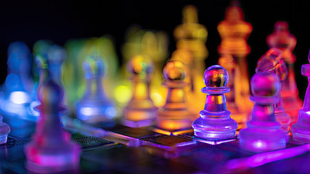 A close-up view presents a chess set illuminated with vibrant rainbow hues. The translucent pieces are arranged on a checkered board, bathed in an artistic lighting scheme. This visual could be utilized in design projects or conceptual applications related to strategy and decision-making.の素材