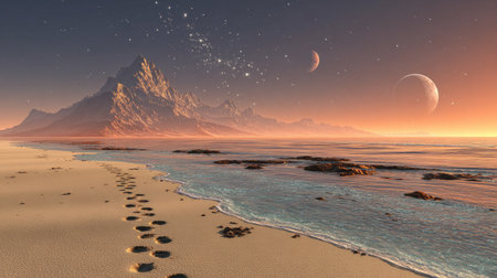 An imaginative digital illustration depicts a surreal landscape featuring mountains, a shoreline, and celestial bodies. The scene displays warm colors like orange and gold. The composition evokes a sense of wonder and could be utilized for various creative projects such as concept art, and print design.の素材
