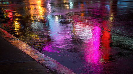 Abstract image showcases vibrant reflections on a wet street surface. The composition features a mix of colors, including pink, orange, and blue. The scene is illuminated by unseen light sources, creating a dynamic visual effect. Suitable for various design projects and could be used for both editorial and commercial purposes.の素材