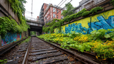 An abandoned railway track winds through an urban environment, featuring colorful graffiti art on surrounding walls. Overgrown vegetation covers the area, adding a natural contrast to the decaying structures. The composition uses a low-angle perspective, potentially suitable for editorial or commercial purposes.の素材