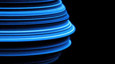 An abstract composition features curving bands of bright blue light against a deep black backdrop. The image showcases a smooth texture and a dynamic sense of movement. Suitable for design projects, this visually striking artwork can be used in a variety of commercial and editorial contexts.の素材