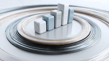 A 3D bar graph composed of ascending blocks sits on a circular platform, surrounded by concentric rings. The color palette includes shades of white and blue, with a soft, diffused lighting. The overall style is modern and clean, suggesting a focus on data visualization and business concepts. Suitable for editorial use.の素材