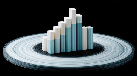 An abstract visual depicts a rising bar chart composed of white and blue blocks. These elements are arranged on a circular platform against a stark black backdrop. The scene employs a balanced composition and offers possibilities for financial reporting or business presentations, suitable for a range of commercial applications.の素材