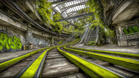 An interior shot reveals an abandoned railway station. Bright green tracks lead the eye through the decaying space, now overtaken by flourishing plant life and colorful graffiti art. The composition features strong lines and textures, creating a sense of both desolation and renewal. Suitable for various creative and commercial applications.の素材