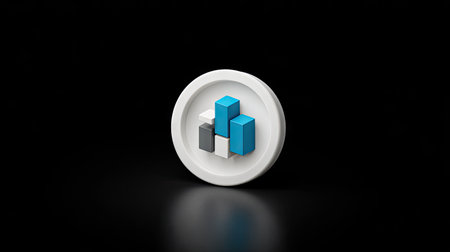 A 3D rendered graphic showcases a data chart icon. The image features a white circular shape with colorful blocks representing data. Set against a dark background, the lighting emphasizes the three-dimensional quality of the design. Suitable for illustrating data analysis, business, and technology-related themes in various applications.の素材