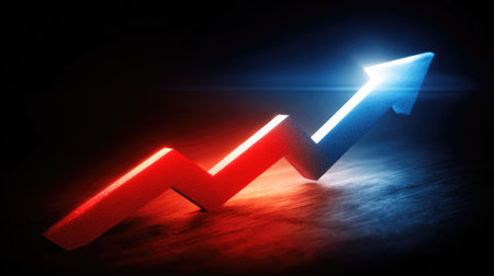 An upward-pointing arrow is illuminated with red and blue light against a dark background. The image highlights a three-dimensional effect and dynamic composition. This visual may represent growth, progress, or success. It's suitable for various business, finance, or marketing applications.の素材