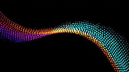 An abstract illustration presents a flowing wave composed of multicolored dots. The dynamic composition uses a dark background to highlight the gradient hues. The visual texture implies a digital or vector style. Suitable for graphic design projects and various commercial applications.の素材