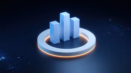 This image presents a 3D rendered illustration of data visualization. It depicts three bar graphs centrally positioned inside a circular frame with a glowing effect. The dark background enhances the blue and orange hues. Suitable for commercial projects or editorial content related to analytics and data.の素材
