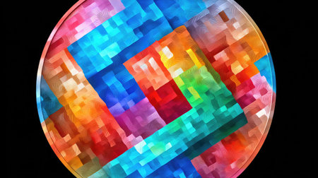 An abstract artwork features a vibrant sphere composed of various rectangular shapes in multiple colors. The composition displays a modern design with a mosaic-like texture, suggesting a digital or vector style. This image may be suitable for diverse visual communication projects, including web design, marketing materials, and editorial content.の素材